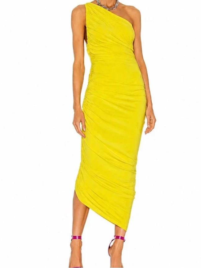 Norma Kamali One-Shoulder Ruched Yellow Dress